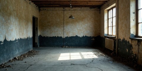 A derelict building's interior reveals aged walls, a cracked floor, and sunlight streaming through aged windows, highlighting the building's dilapidated state and potential for renovation