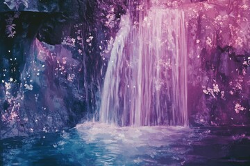 Purple Waterfall Cascading Through Lush Floral Surroundings