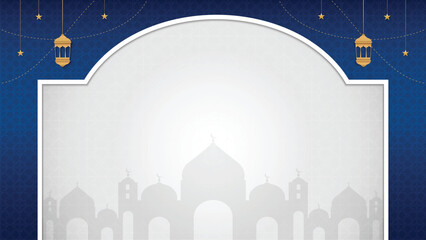 Ramadan Kareem Islamic Blue Background with Lanterns and Mosque Silhouettes