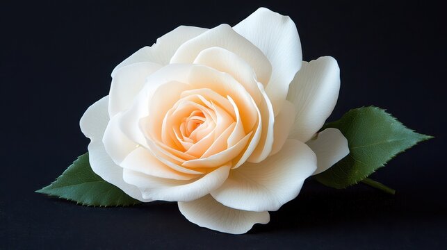 A delicate, pale peach rose with soft petals and green leaves, set against a dark background, highlighting its elegance and beauty. - Powered by Adobe