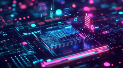 Fototapeta premium Abstract Digital Circuitry: Neon Hues and Data Streams