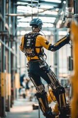 Fototapeta premium A dynamic photo of robotic exoskeletons aiding workers in heavy lifting, showcasing futuristic ergonomics