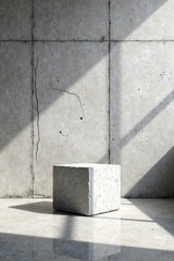 A Simple Cubic Concrete Block Rests on a Polished Floor Against a Weathered Concrete Wall Bathed in Sunlight