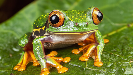 Fototapeta premium Close-up of a vibrant green frog on a leaf 