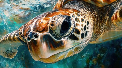 Obraz premium sea turtle face, the texture of its skin and its expressive eyes, swimming through clear, turquoise waters