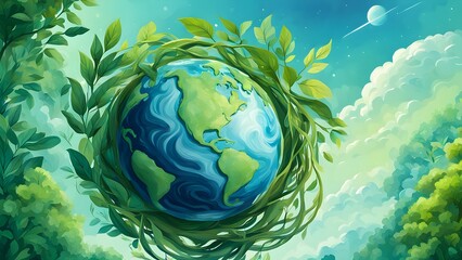 Stylized illustration of Earth enveloped by lush green foliage against a dreamy sky.