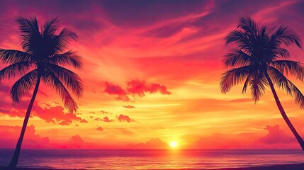 Tropical watercolor idea. Stunning sunset over the ocean with palm trees silhouetted against vibrant colors.