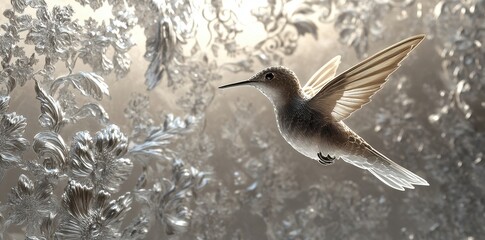 Obraz premium Hummingbird in Flight Amidst Silver Floral Design