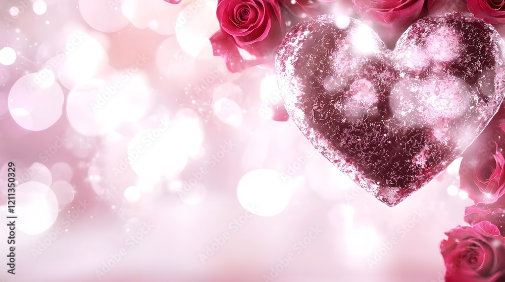 Poster luxurious heart shaped chocolate box encircled by a bouquet of fresh vibrant red roses set on a soft