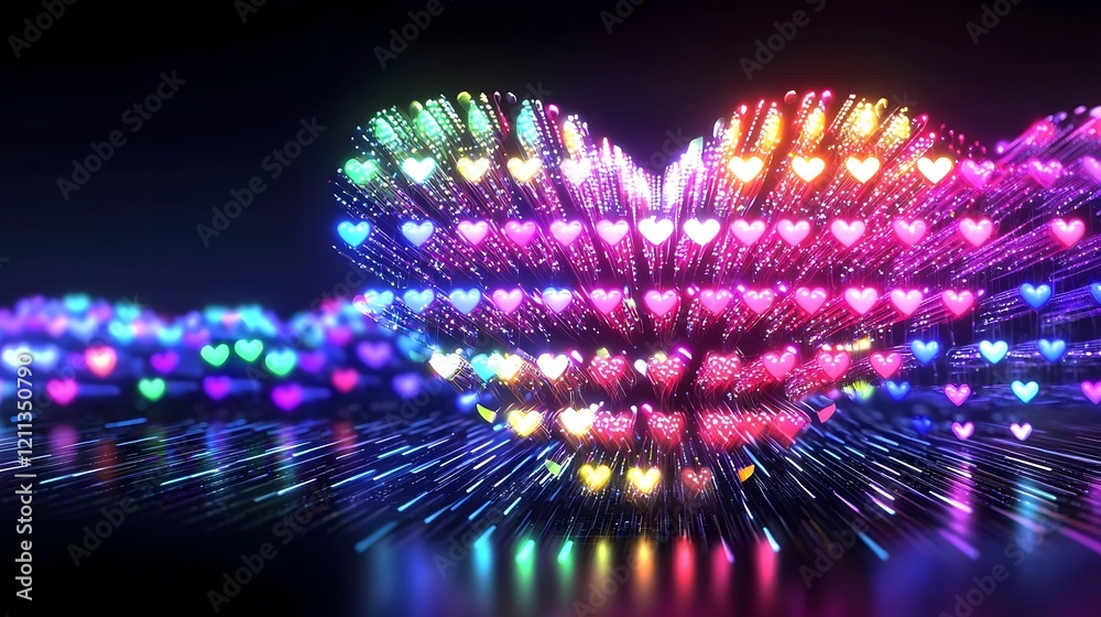 Poster Vibrant multicolored LED heart shaped lights glowing dynamically and surrounded by a soft bokeh filled dark background creating a captivating and visually striking display of energy technology