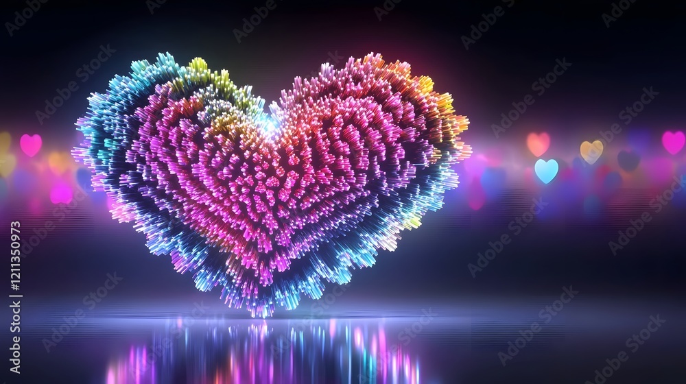 Fototapete Vibrant Multicolored LED Heart Lights Glowing in Dynamic Display with Soft Bokeh Effects   Captivating abstract background with a heart shaped arrangement of colorful luminous lights against a warm
