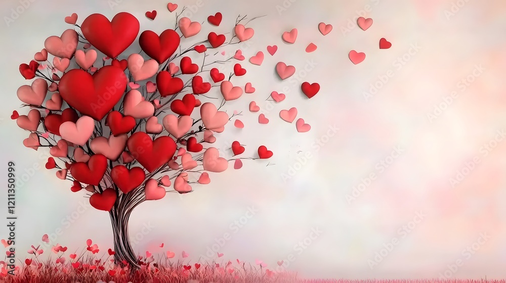 Poster Romantic floating heart tree with lush branches full of red and pink hearts set against a dreamy pastel background with open space for text overlay or design elements