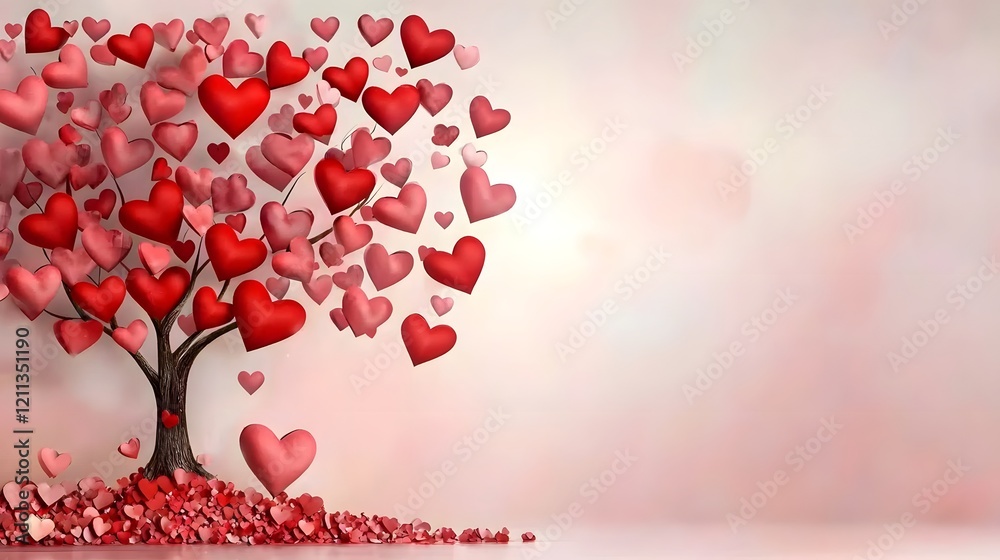 Poster vibrant heart shaped tree with lush red and pink heart shaped leaves standing on a soft gradient bac