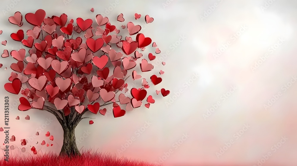 Aufkleber romantic and elegant tree with heart shaped leaves in shades of red and pink placed on a soft gradie