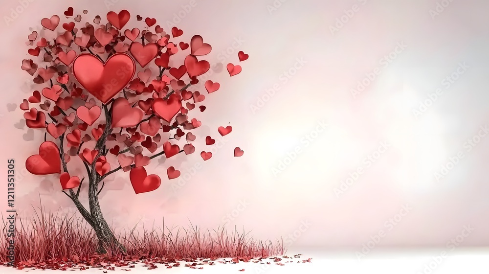 Aufkleber Beautiful tree with heart shaped leaves in shades of red and pink placed on a soft gradient background with ample copy space for Valentine s Day themes and