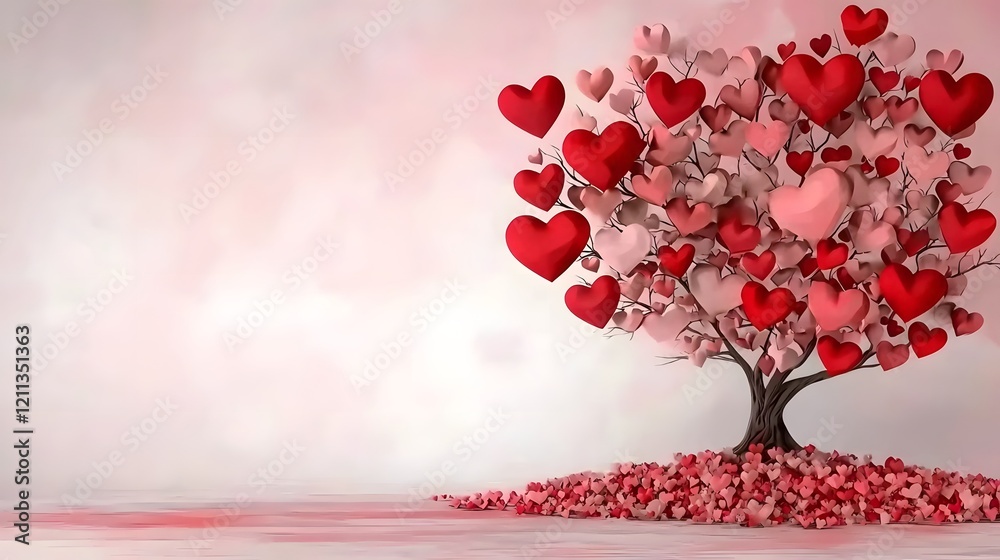 Aufkleber stunning heart shaped tree with vibrant red and soft pink leaves set against a serene gradient backg