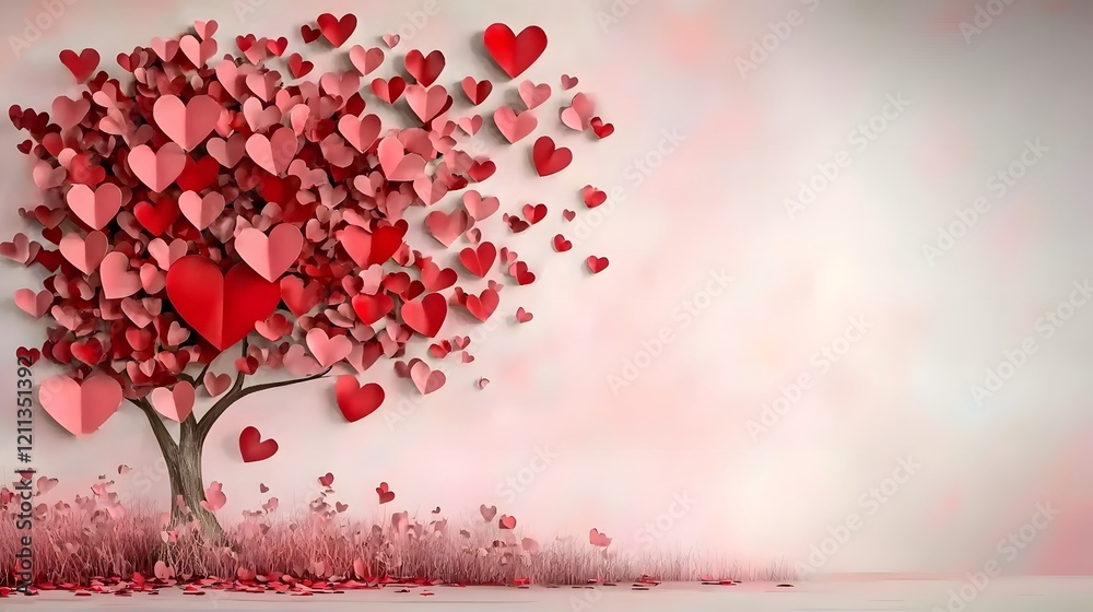 Poster romantic heart shaped tree with vibrant red and pink leaves in full bloom against a soft gradient ba