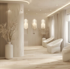 design a photography studio in white and beige colors, with a waiting room for clients