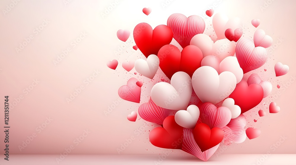 Poster Romantic floating red and pink hearts in a soft gradient background creating a cheerful and elegant atmosphere for Valentine s Day or romantic concept