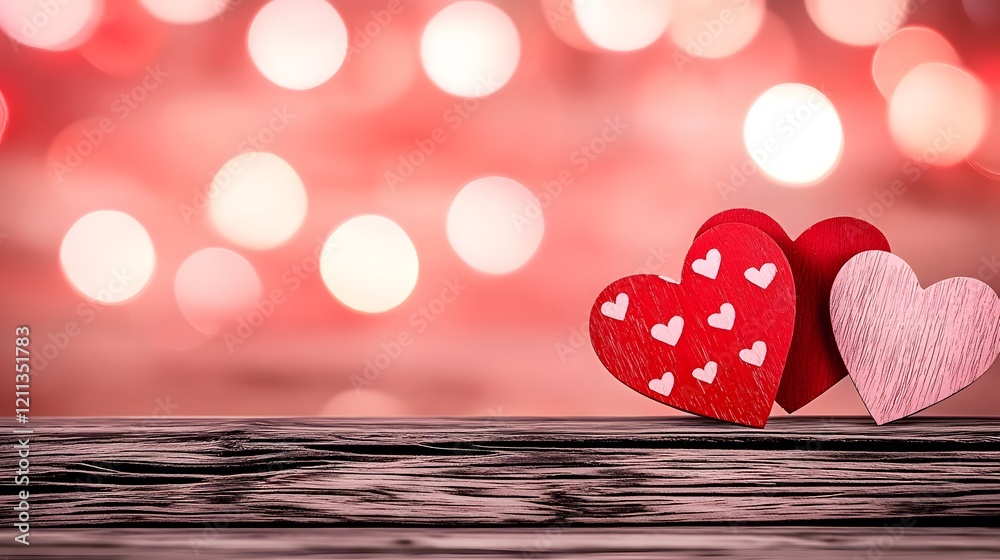 Poster Cozy wooden background with soft warm toned bokeh lights creating a romantic and intimate Valentine s Day ambiance  Rustic elegant texture and pattern with a festive celebratory feel
