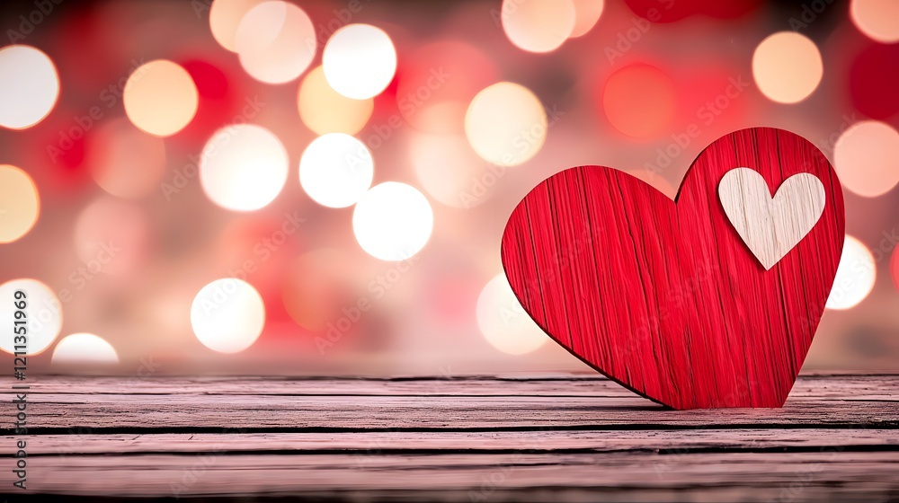 Poster warm wooden background with soft blurred pink and red bokeh lights creating a cozy and romantic atmo