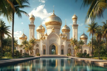 Naklejka premium Majestic Golden Mosque with Palm Trees