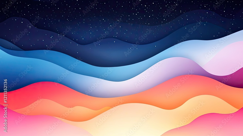 Poster starry watercolor idea. abstract wavy background with gradient colors and a starry night sky.