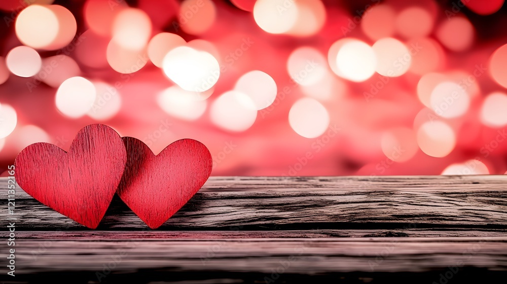 Aufkleber Stylish and Romantic Valentines Day Text Display on a Rustic Wooden Surface Illuminated by Dreamy Bokeh Lights in Shades of Pink and Red Creating a Cozy and Festive Atmosphere