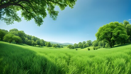 Obraz premium Serene landscape photography showcasing a lush green field under a vibrant blue sky, framed by the branches of a large tree.