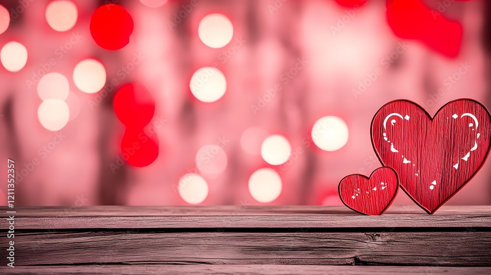 Poster Beautiful glowing and elegant text for Valentine s Day displayed on a warm wooden background surrounded by soft romantic pink and red bokeh lights creating a cozy and intimate ambiance