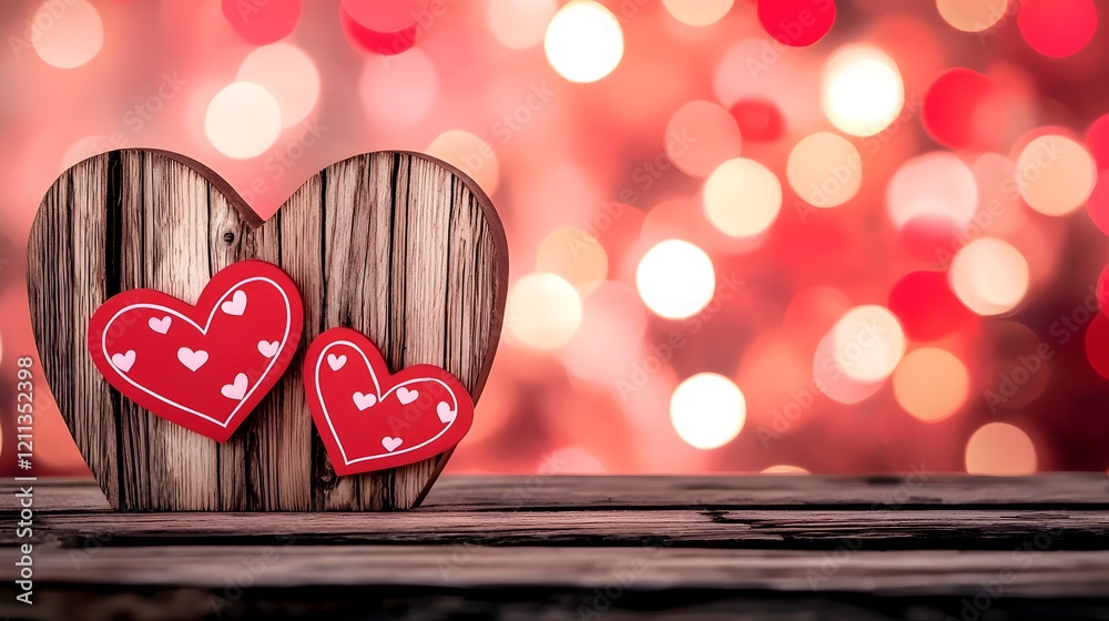 Poster elegant and glowing valentines day text in a warm wooden background surrounded by soft pink and red 