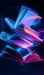 A visually stunning stack of glowing open books in a dynamic neon blue and pink abstract arrangement