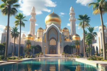 Naklejka premium Majestic Golden Mosque with Palm Trees