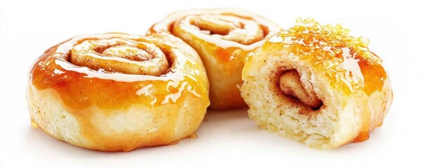 Delicious cinnamon rolls with a golden glaze, showcasing a soft, fluffy texture and a sweet filling.