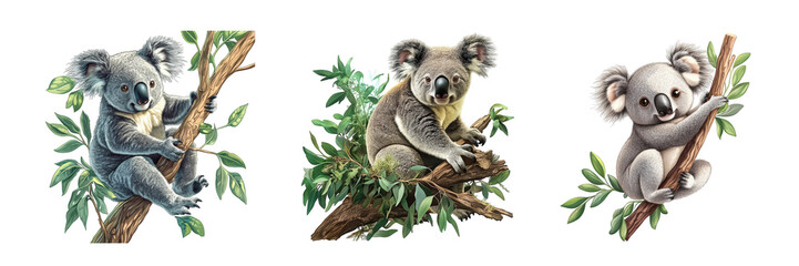 Fototapeta premium Three adorable koalas perched on branches surrounded by lush green leaves, showcasing their playful nature.