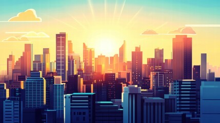 Obraz premium Sunrise Metropolis: A vibrant cityscape awash in the warm hues of a rising sun, buildings silhouetted against a bright sky, conveying a sense of dynamism and urban energy. 