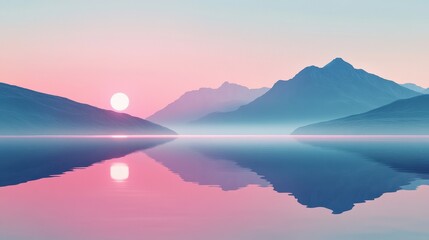 Serene Sunset Over Calm Mountain Lake Reflection