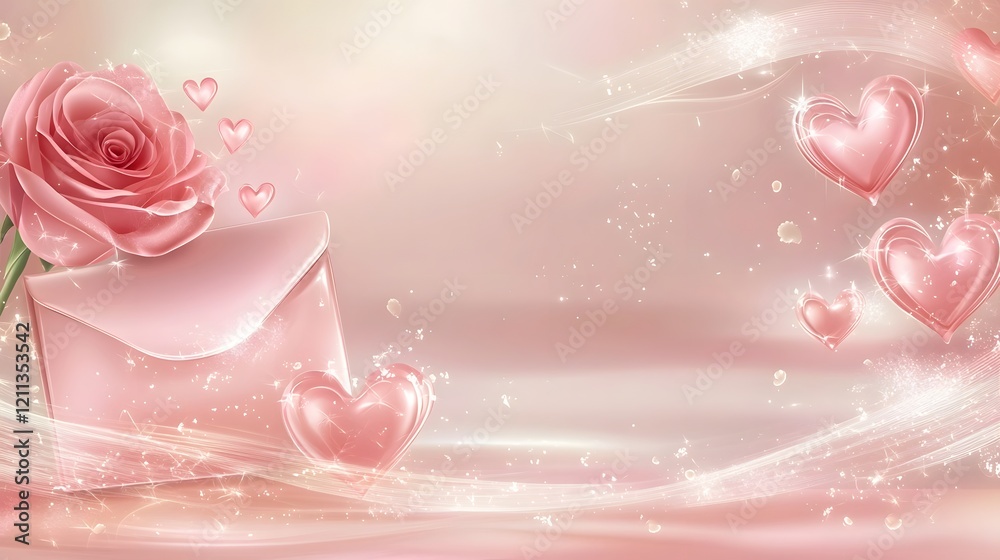 Poster romantic pink envelope adorned with heart shapes and a delicate red rose set against a soft glowing 
