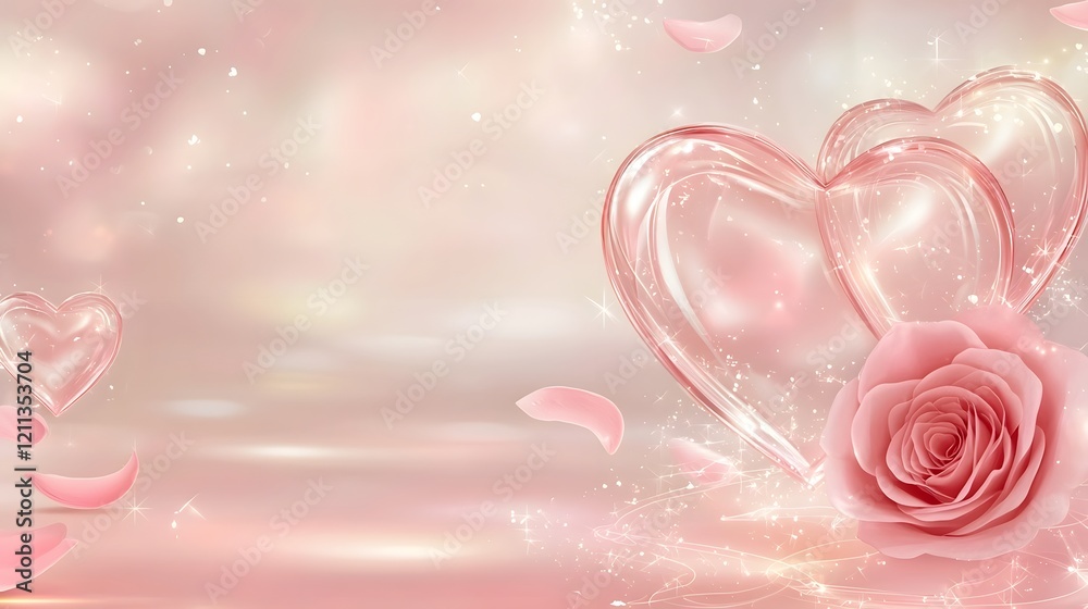 Poster heart themed love letter envelope with a red rose complemented by scattered rose petals and soft gra