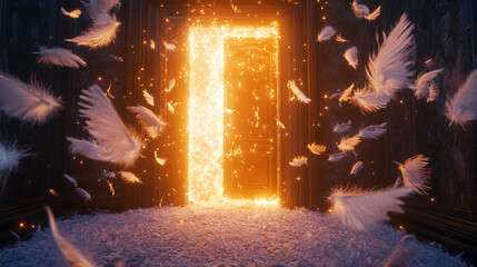 Glowing heavenly entrance radiant light emitting large door ethereal white feather mystical cloud divine celestial ambiance surreal sky way porch out space angle god gate portal tunnel exit wallpaper