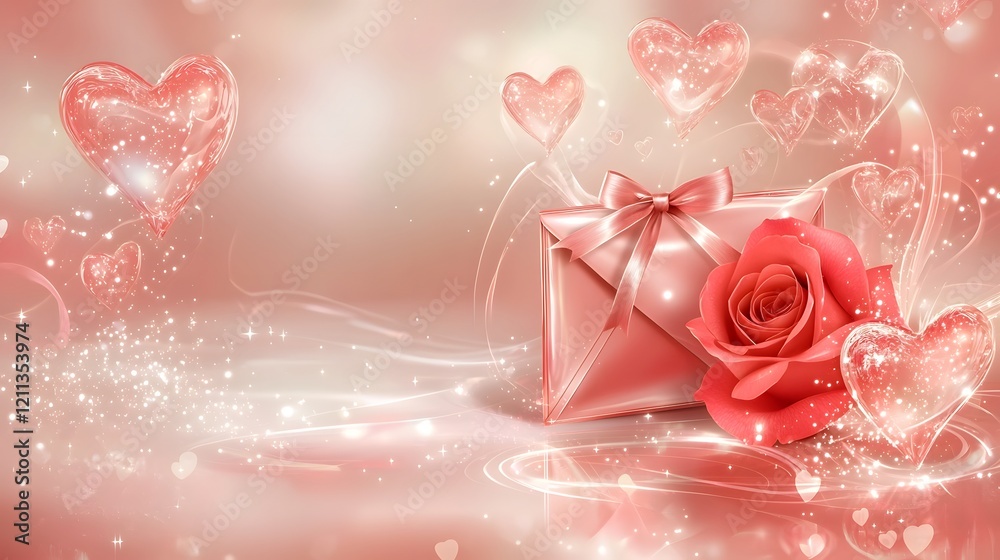 Poster a romantic valentine envelope tied with a ribbon with a fresh red rose lying on it surrounded by glo