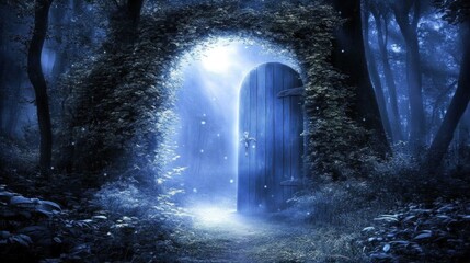 A mystical door in a serene, blue-lit forest invites exploration and wonder.