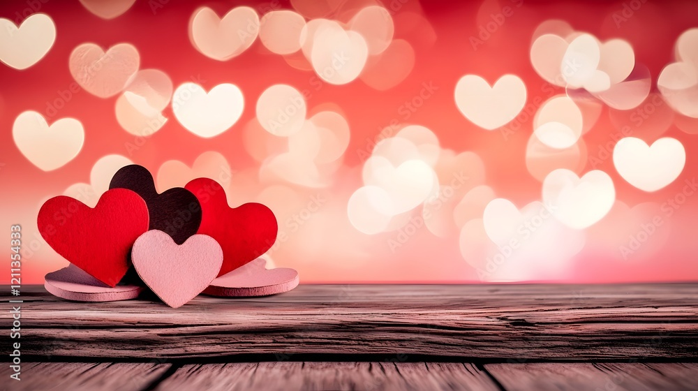 Poster vibrant and colorful heart shaped designs scattered playfully across a luminous gradient backdrop cr