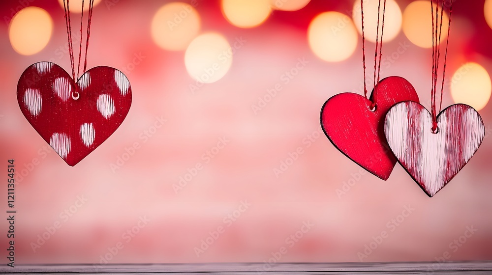 Aufkleber Colorful and dynamic heart shaped in various shades of red and pink hanging from strings against a warm glowing gradient backdrop evoking a sense of and romance
