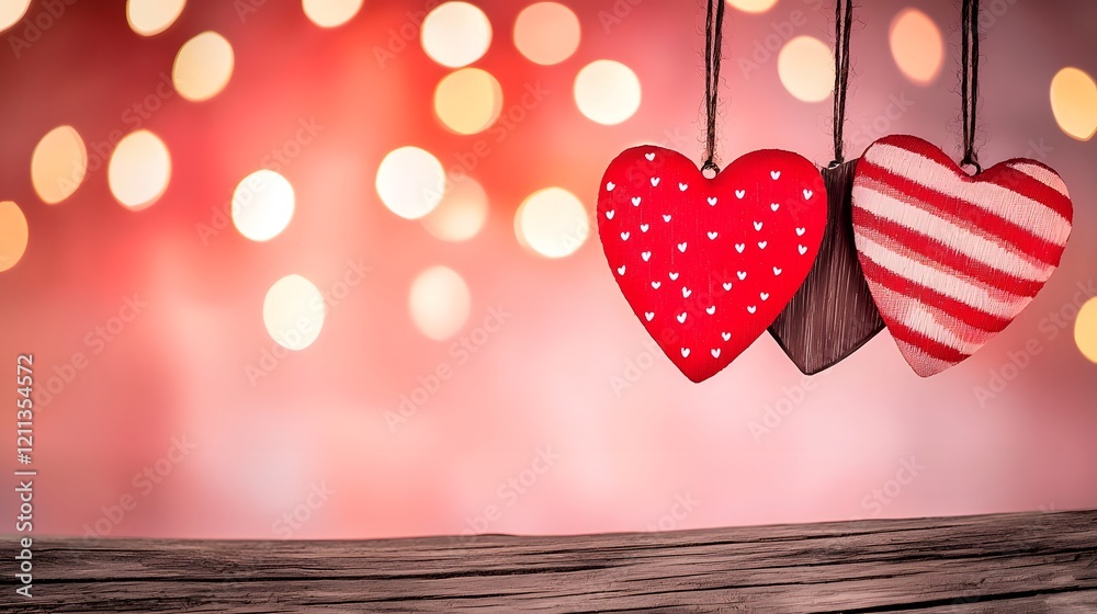 Poster bright and festive heart shaped in vivid red pink and polka dot patterns hanging against a high cont