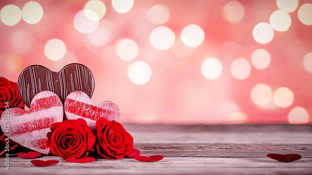 Aufkleber romantic display of heart shaped chocolates and vibrant red roses scattered around set against a glo