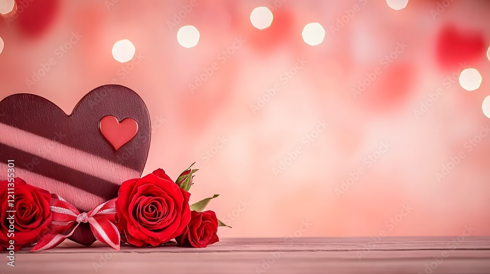 Poster elegant heart shaped chocolate box with a satin ribbon surrounded by lush fresh red roses placed on 