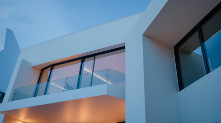 Fototapeta premium Modern Architectural Design: Sleek lines and minimalist aesthetic of a contemporary home. The glass balcony offers stunning views, creating an elegant and sophisticated atmosphere.