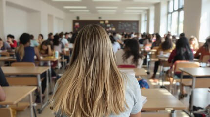 A classroom with students seated at desks, captured from behind a blonde-haired student in focus, bright natural lighting. Concept of education. Ai generative