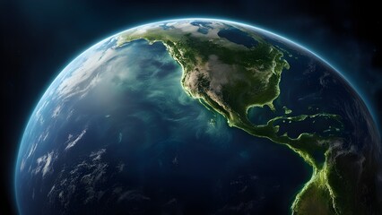 Obraz premium Stunning 3D rendering of Earth showcasing North and Central America from space, highlighting detailed landmasses and ocean currents.